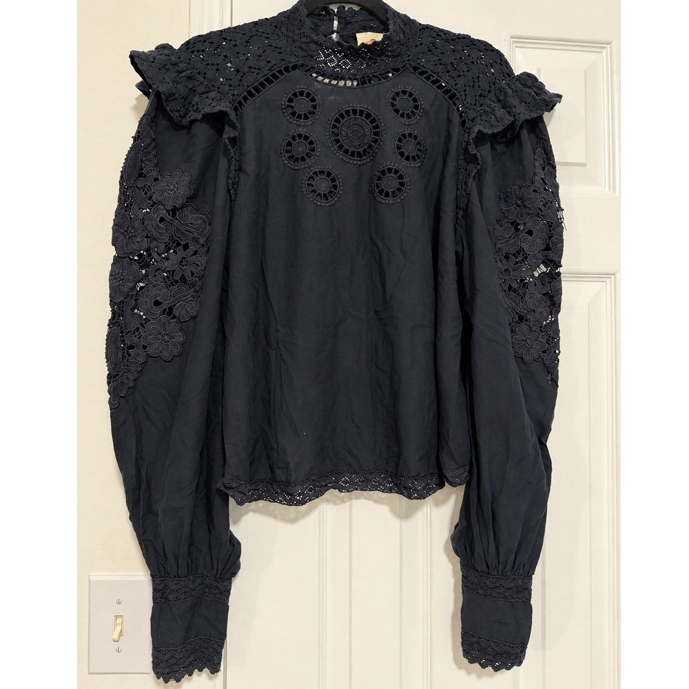 FARM Rio Black Crochet Lace Cutout Puff Sleeve Blouse Top Small Romantic Boho - Picture 2 of 7